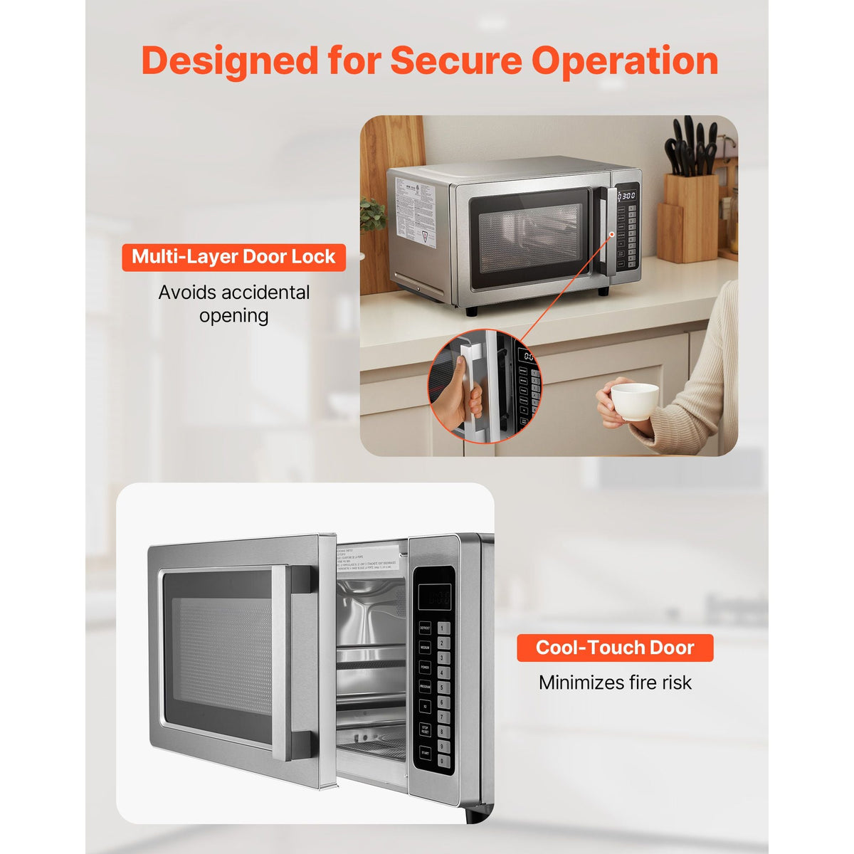 Countertop Microwave Oven, 0.9 Cu Ft, 1000W Digital Stainless Steel Microwave Oven with Touchscreen, 10 Cooking Presets, 5 Power Levels, Multi-Lock Door & Easy Clean Interior for Commercial Use
