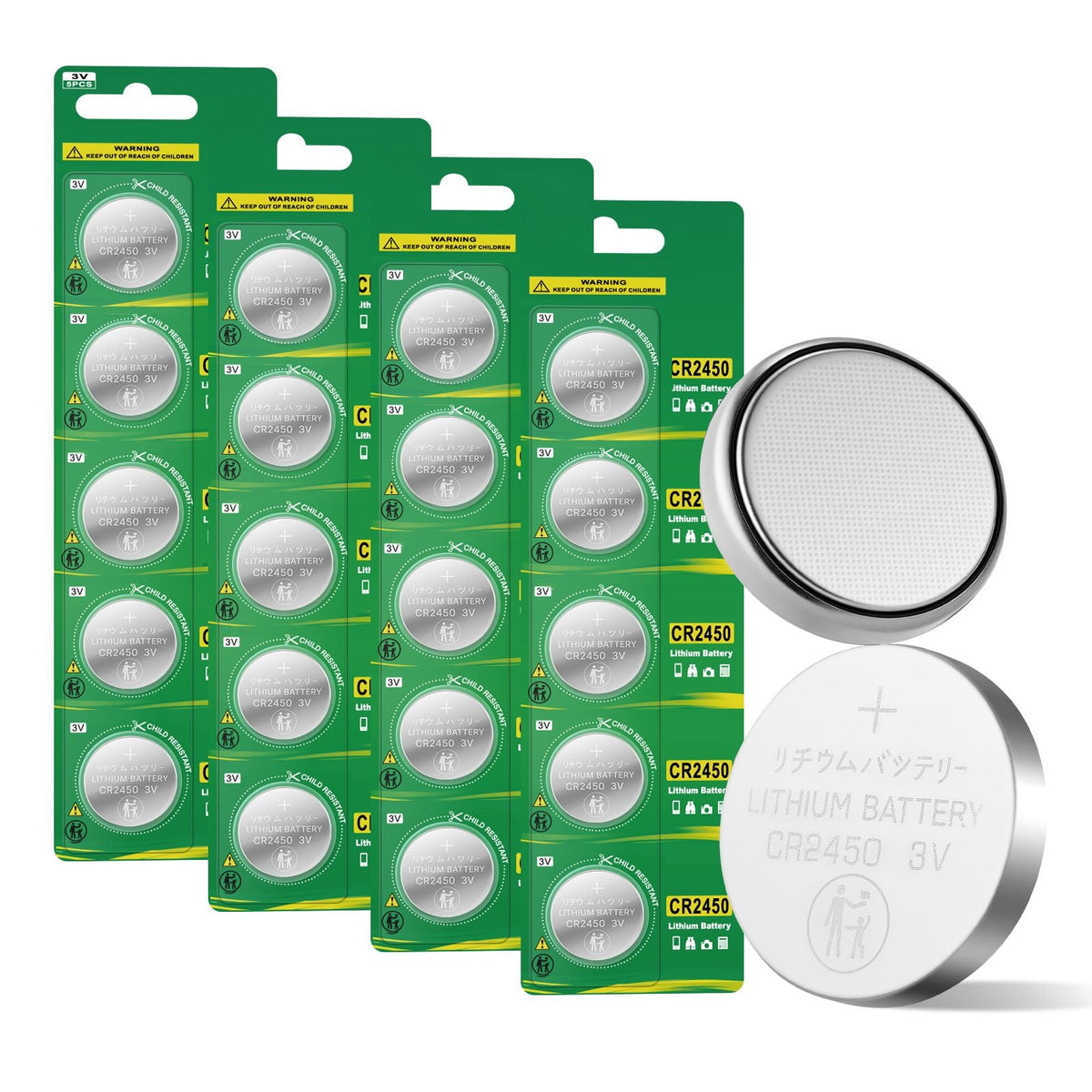 CR2450 Lithium Battery, 20 Count (Pack of 4) Lithium Coin Battery, Non-Mercury and Anti-Swallow Designed, Long Lasting 3V CR 2450 Cell Batteries, for Key Fobs, Glucometers, and Other Devices