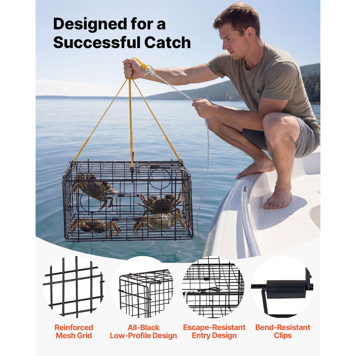 Crab Trap, 2 Packs, 24.4x24.4x11.8 inch Heavy Duty Large Crab Pot Trap for Dungeness, Black PVC Coated Wire Mesh for Stealth, with Gauge, Red/White Float, 100ft Leaded Core Rope, and Gloves