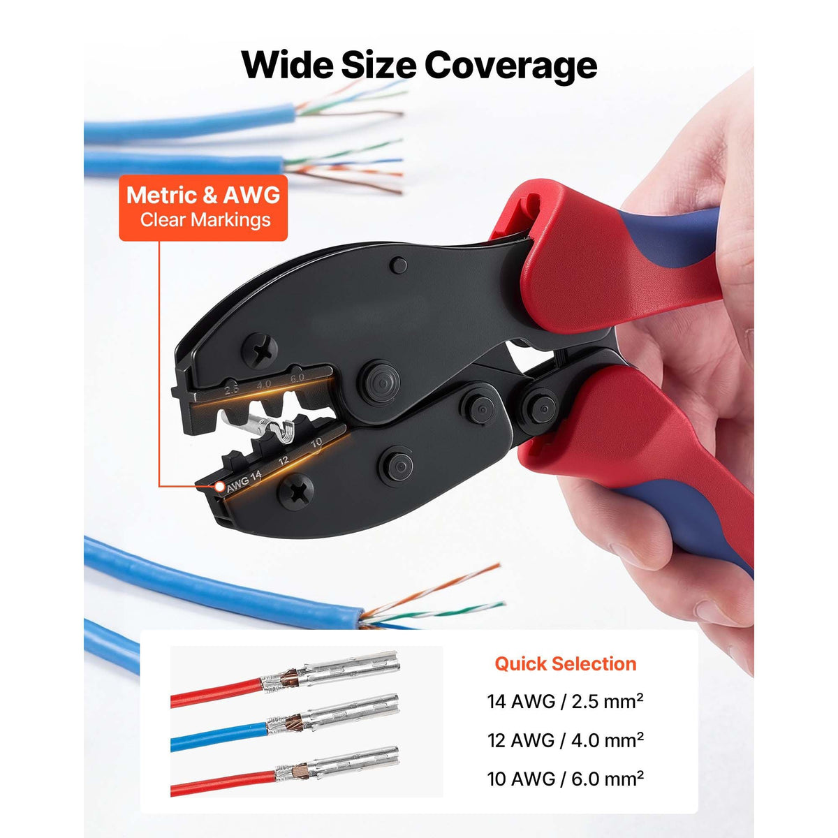 Crimping Tool, 14-10 AWG Ratcheting Solar Connector Crimper Tool Kit, Clear Metric & AWG Markings, with 10 Pairs Solar Connectors, 10 Pairs of Cable Connectors, Wrenches, and a Storage Case