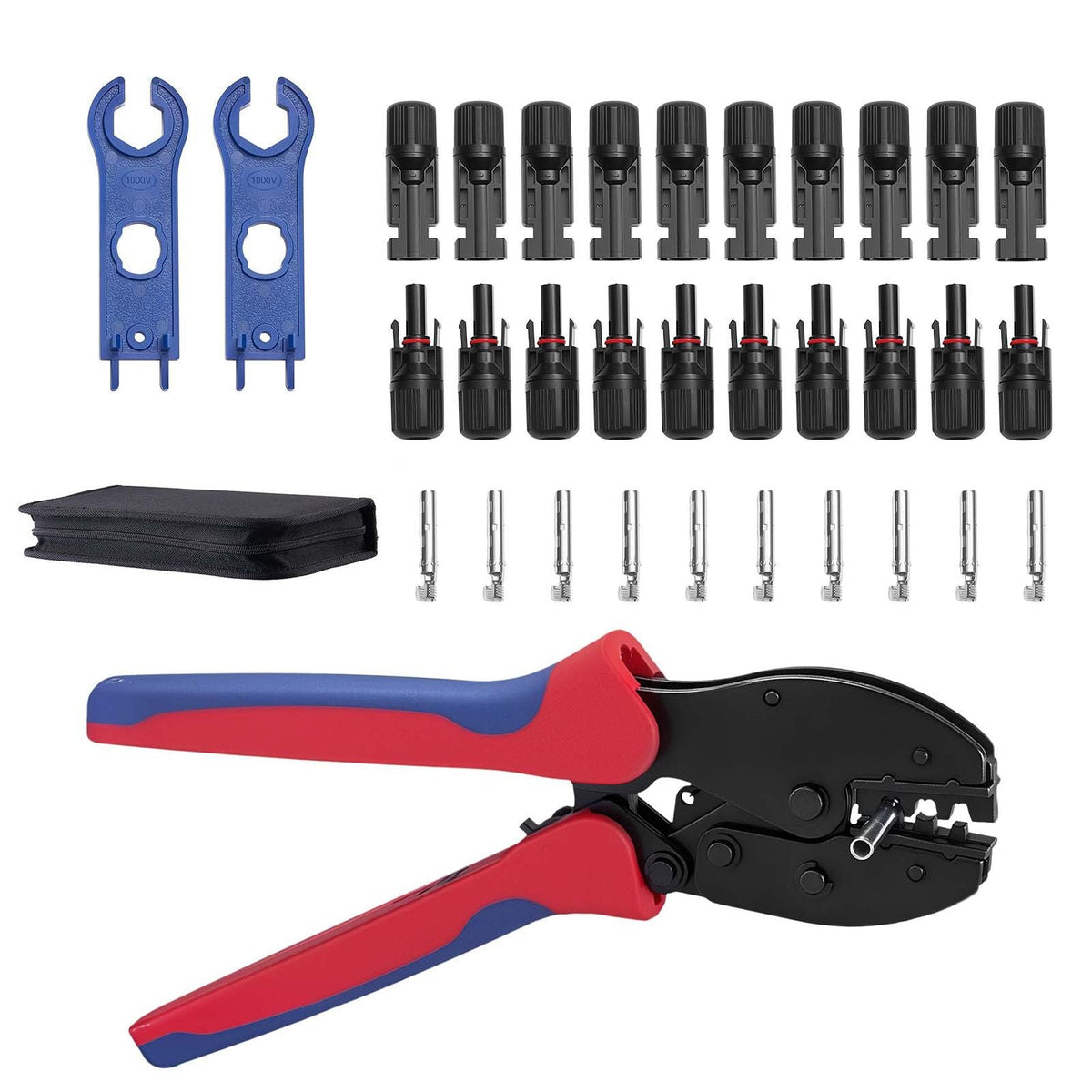 Crimping Tool, 14-10 AWG Ratcheting Solar Connector Crimper Tool Kit, Clear Metric & AWG Markings, with 10 Pairs Solar Connectors, 10 Pairs of Cable Connectors, Wrenches, and a Storage Case