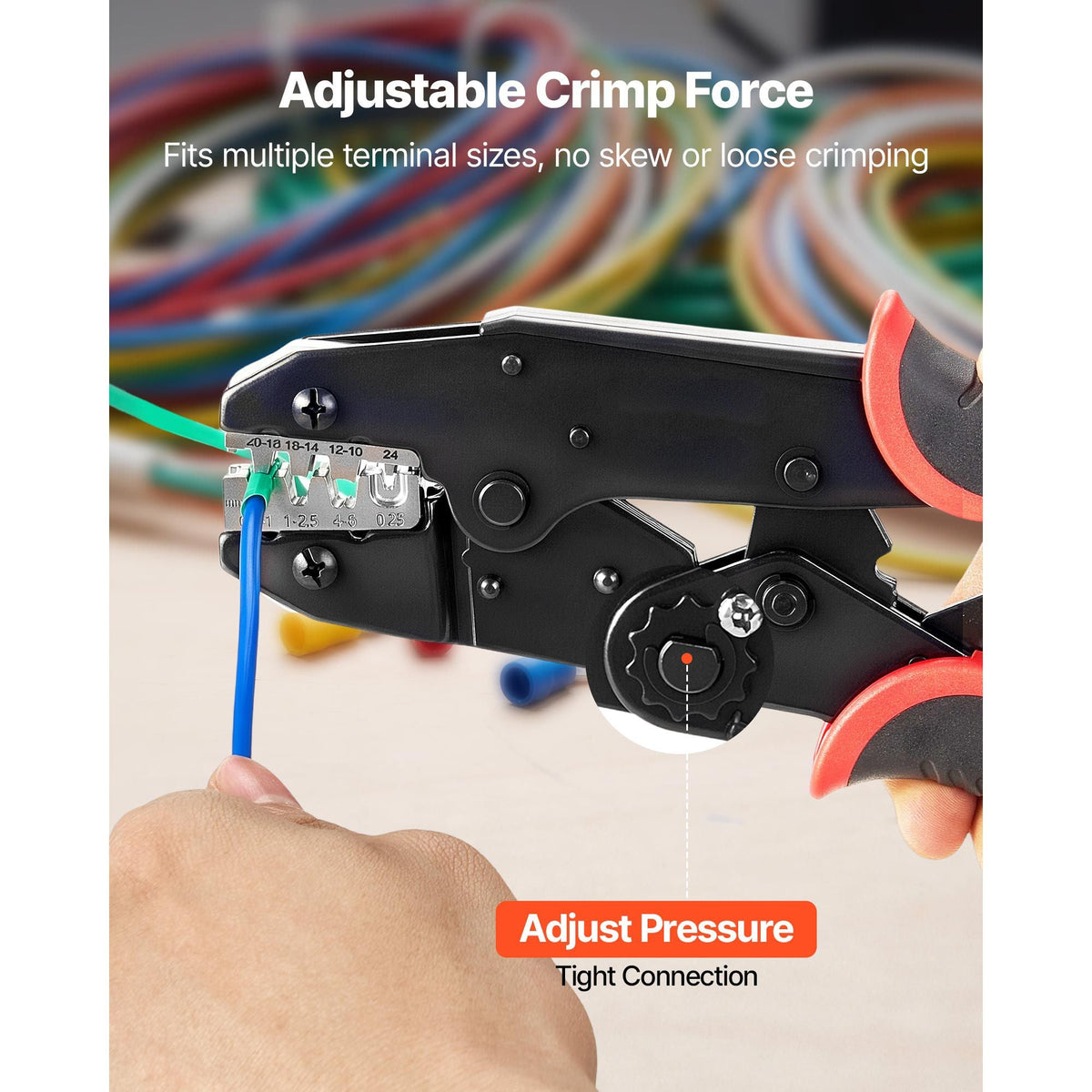 Crimping Tool, 24-10 AWG Ratcheting Wire Crimper Tool, Labor-Saving Electrical Terminal Crimp Pliers with Clear Metric & AWG Markings, Quick Release, Adjustable Pressure for Multiple Terminals