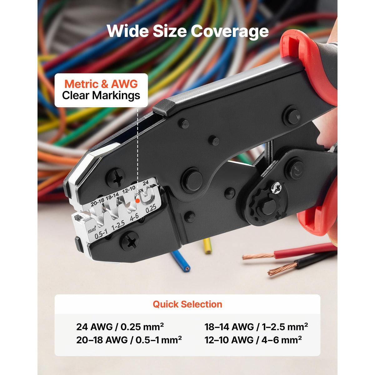 Crimping Tool, 24-10 AWG Ratcheting Wire Crimper Tool, Labor-Saving Electrical Terminal Crimp Pliers with Clear Metric & AWG Markings, Quick Release, Adjustable Pressure for Multiple Terminals