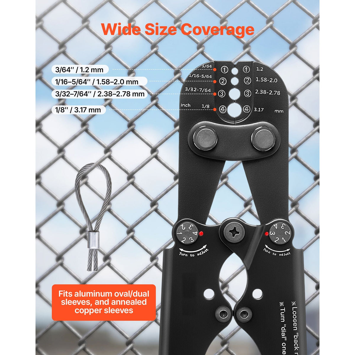 Crimping Tool, 3/64" - 1/8" Steel Wire Rope Crimper, with Clear Metric and Imperial Markings, Adjustable Force, Crimp Pliers for Aluminum Oval and Dual Sleeves, and Annealed Copper Sleeves