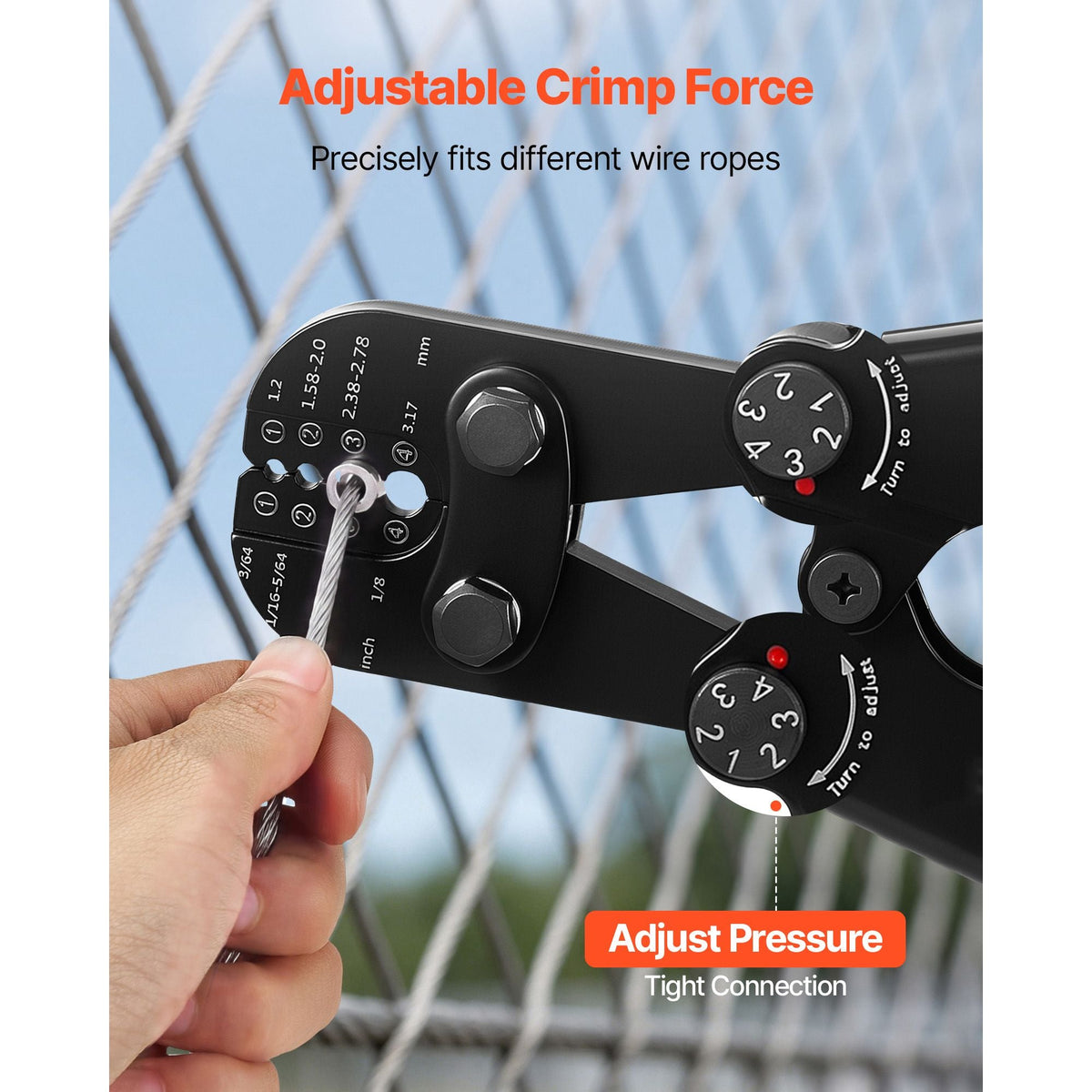 Crimping Tool, 3/64" - 1/8" Steel Wire Rope Crimper, with Clear Metric and Imperial Markings, Adjustable Force, Crimp Pliers for Aluminum Oval and Dual Sleeves, and Annealed Copper Sleeves
