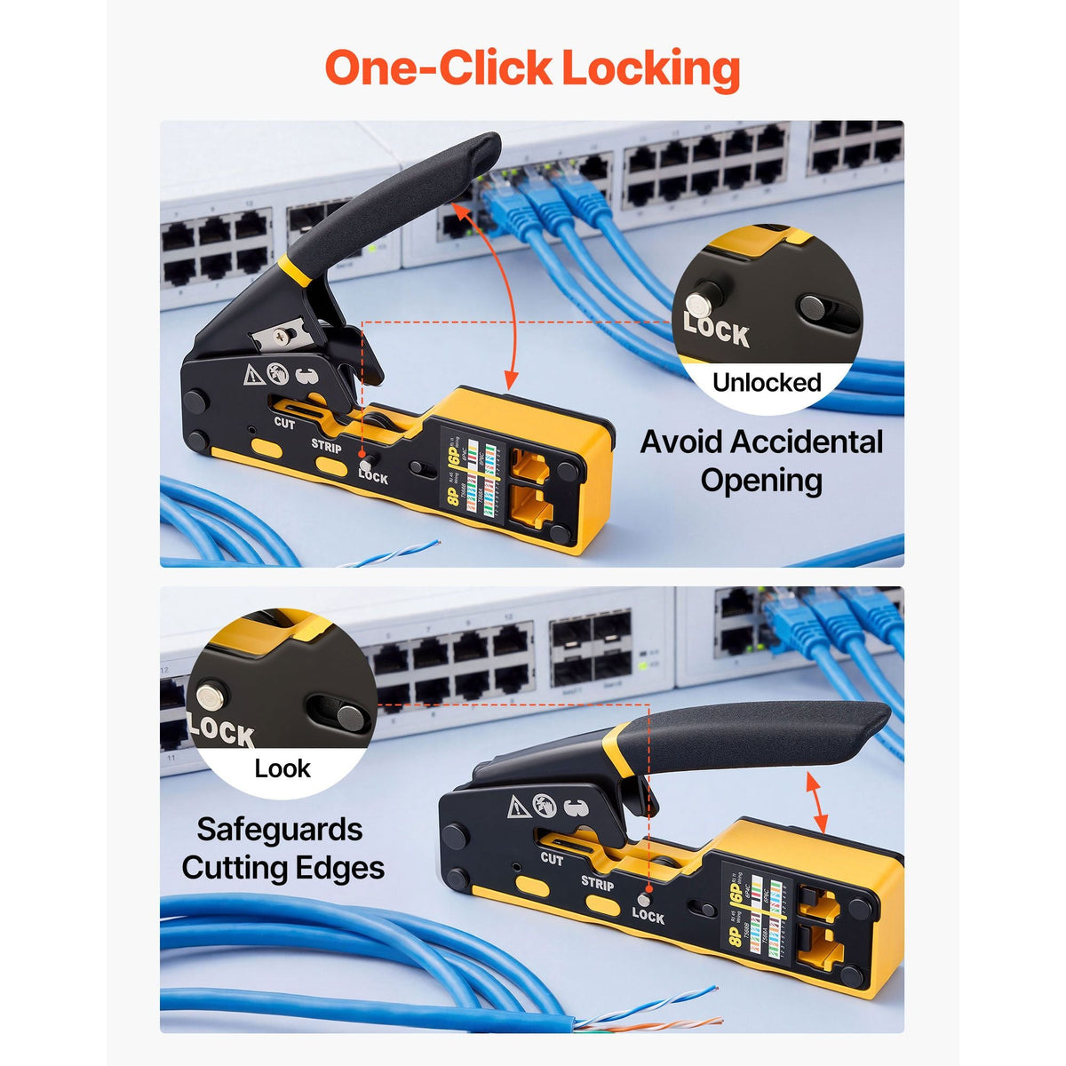 Crimping Tool, RJ45/RJ11/RJ12 Ethernet Crimper, Crimp Tool Kit for 4/6/8-Pin Modular Plugs, with Mini Wire Stripper, 50 Connectors and 50 Boots, Replacement Blades, and Network Cable Tester