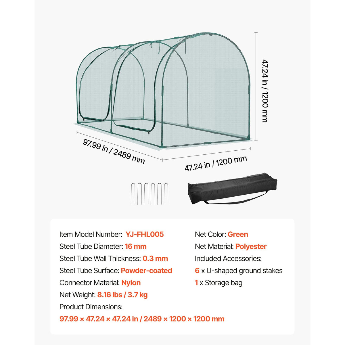 Crop Cage, 8.1 x 3.9 x 3.9 ft Plant Protection Tent with Zippered Door, Wind-Resistant Tall Crop Cage, Easy to Install, Outdoor Raised Bed Cover with Frame, Plant Netting for Garden Patio Lawn