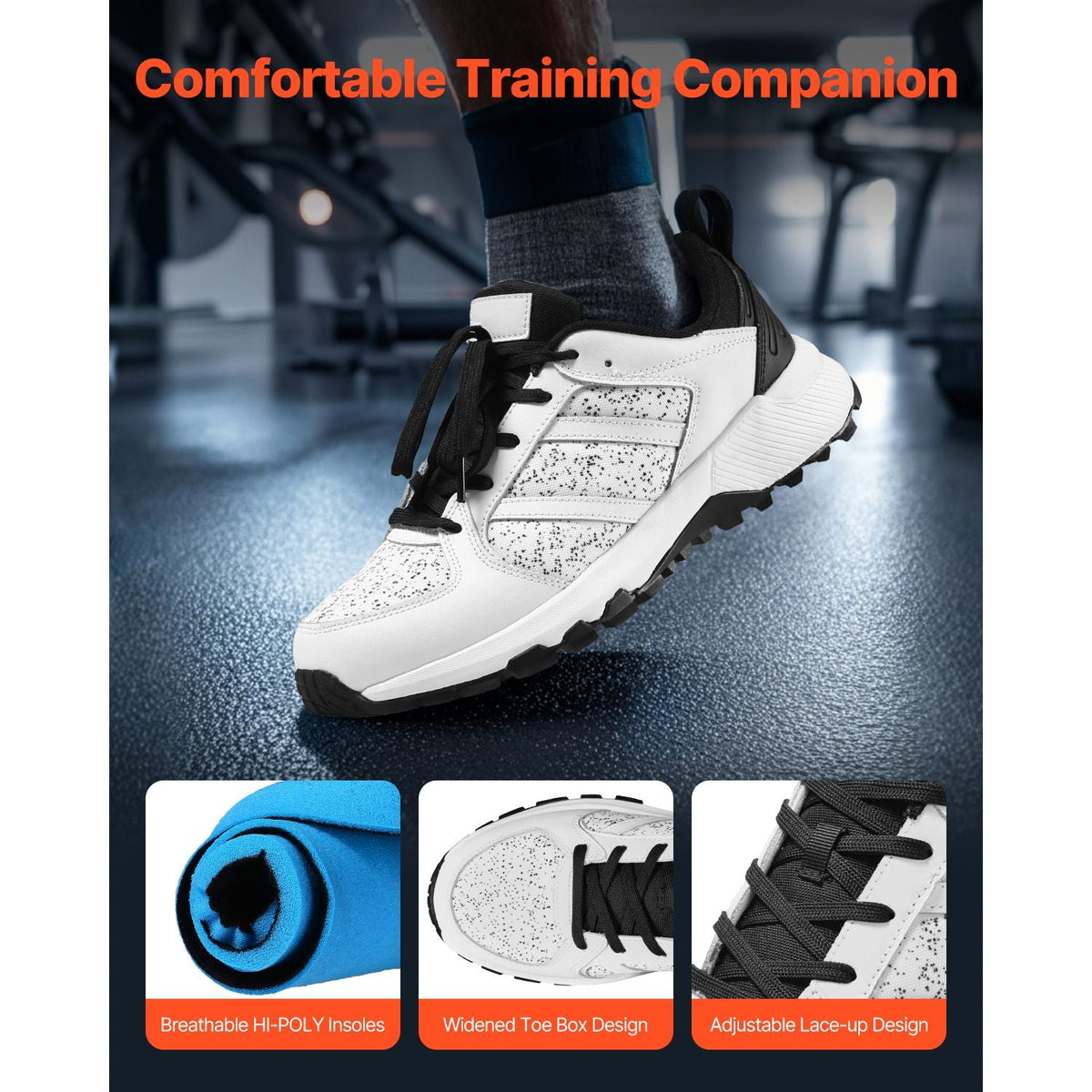 Cross Training Shoes, W Width Sneakers US Size 12, Wide Toe Box Shoes with Arch Support & Adjustable Lace-up, Training Shoes for Running, Gymnastics, Dog Walking, and Weightlifting (White)