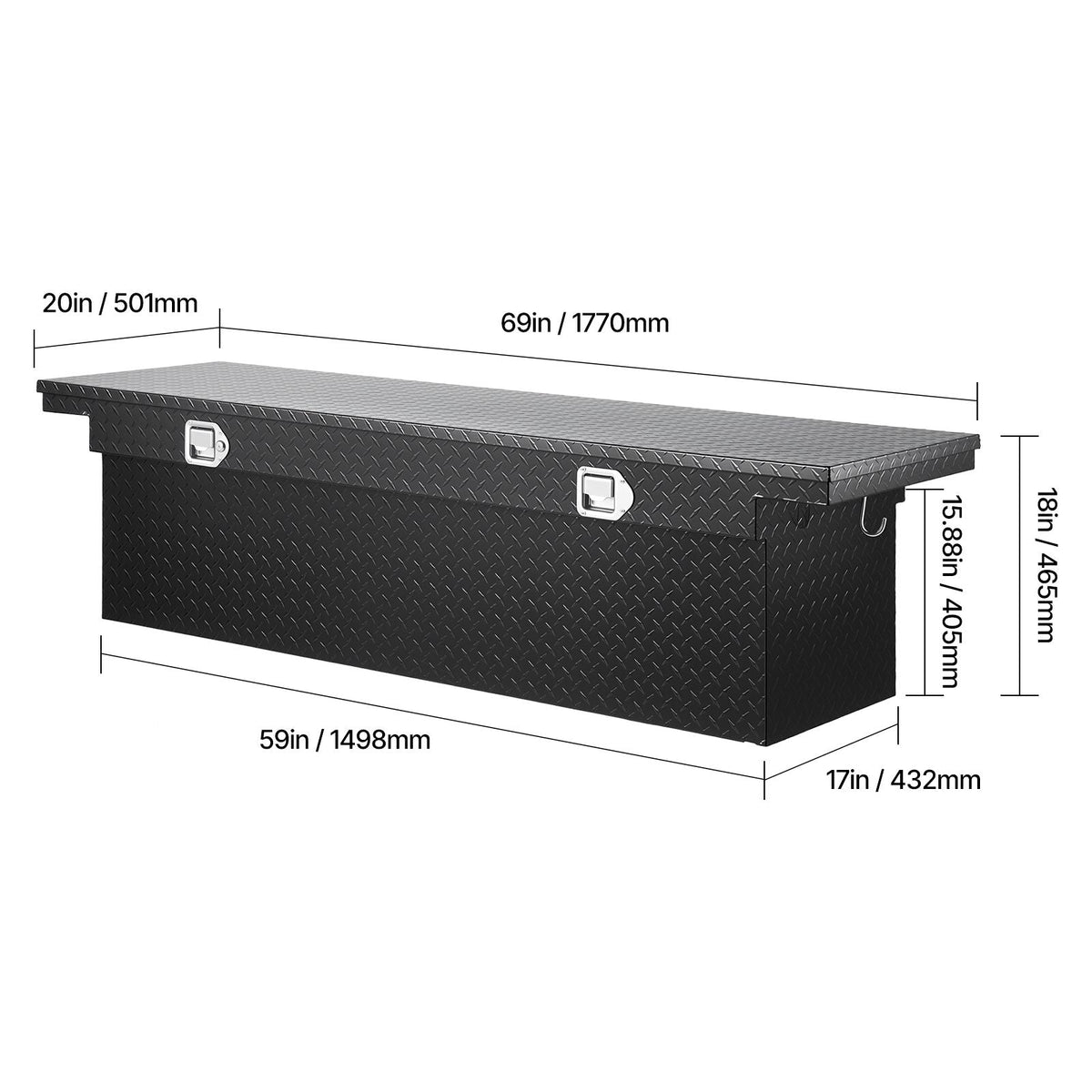 Crossover Truck Tool Box, 69x20x18 In, Heavy Duty Aluminum Toolbox with Diamond Texture, Pick Up Truck Bed RV Trailer Toolbox, Waterproof Storage Organizer with Lock, Keys, Side Handles, Black