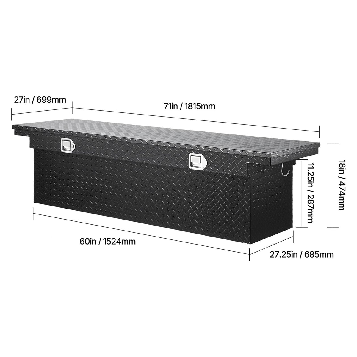 Crossover Truck Tool Box, 71x27x18 In, Heavy Duty Aluminum Toolbox with Diamond Texture, Pick Up Truck Bed RV Trailer Toolbox, Waterproof Storage Organizer with Lock, Keys, Side Handles, Black