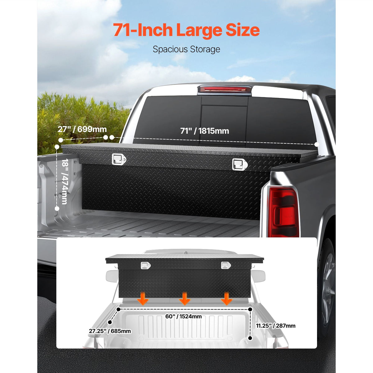 Crossover Truck Tool Box, 71x27x18 In, Heavy Duty Aluminum Toolbox with Diamond Texture, Pick Up Truck Bed RV Trailer Toolbox, Waterproof Storage Organizer with Lock, Keys, Side Handles, Black