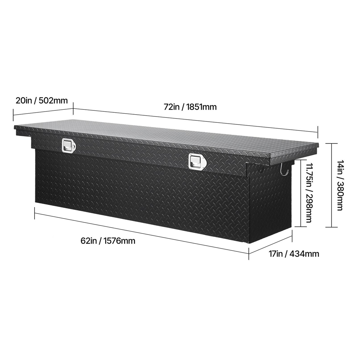 Crossover Truck Tool Box, 72x20x14 In, Heavy Duty Aluminum Toolbox with Diamond Texture, Pick Up Truck Bed RV Trailer Toolbox, Waterproof Storage Organizer with Lock, Keys, Side Handles, Black