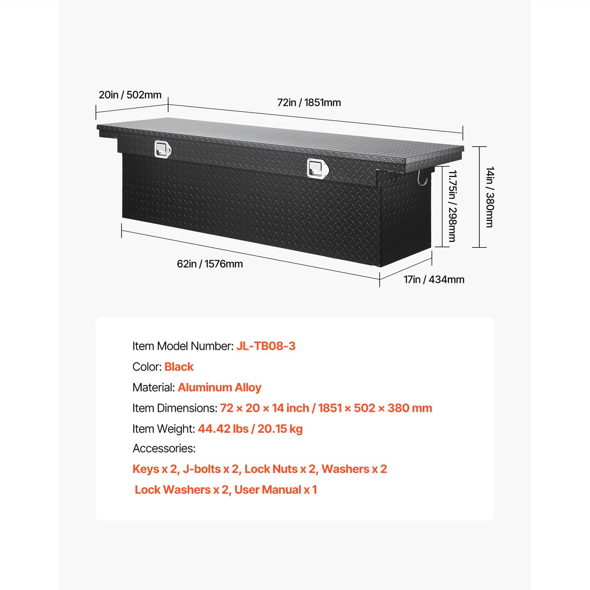 Crossover Truck Tool Box, 72x20x14 In, Heavy Duty Aluminum Toolbox with Diamond Texture, Pick Up Truck Bed RV Trailer Toolbox, Waterproof Storage Organizer with Lock, Keys, Side Handles, Black