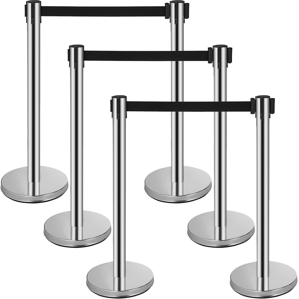 Crowd Control Stanchion, 6-Pack Crowd Control Barrier, Carbon Steel Baking Painted Stanchion Queue Post with 3CS Retractable Belt & Fillable Base, Belt Barrier Line Divider, Easy Assembly