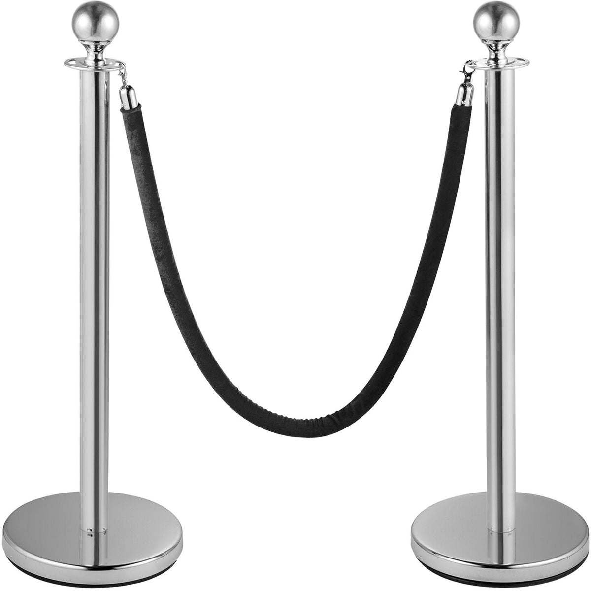 Crowd Control Stanchion, Set of 2 Pieces Stanchion, Stanchion Set with 5 ft/1.5 m Black Velvet Rope, Silver Crowd Control Barrier with Sturdy Concrete and Metal Base – Easy Connect Assembly
