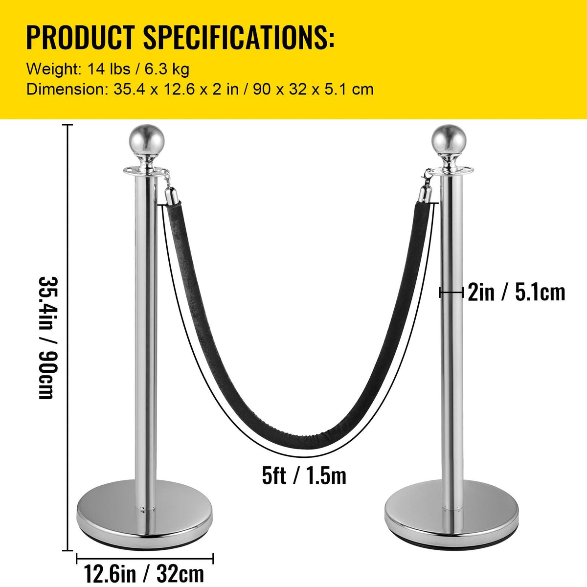 Crowd Control Stanchion, Set of 2 Pieces Stanchion, Stanchion Set with 5 ft/1.5 m Black Velvet Rope, Silver Crowd Control Barrier with Sturdy Concrete and Metal Base – Easy Connect Assembly