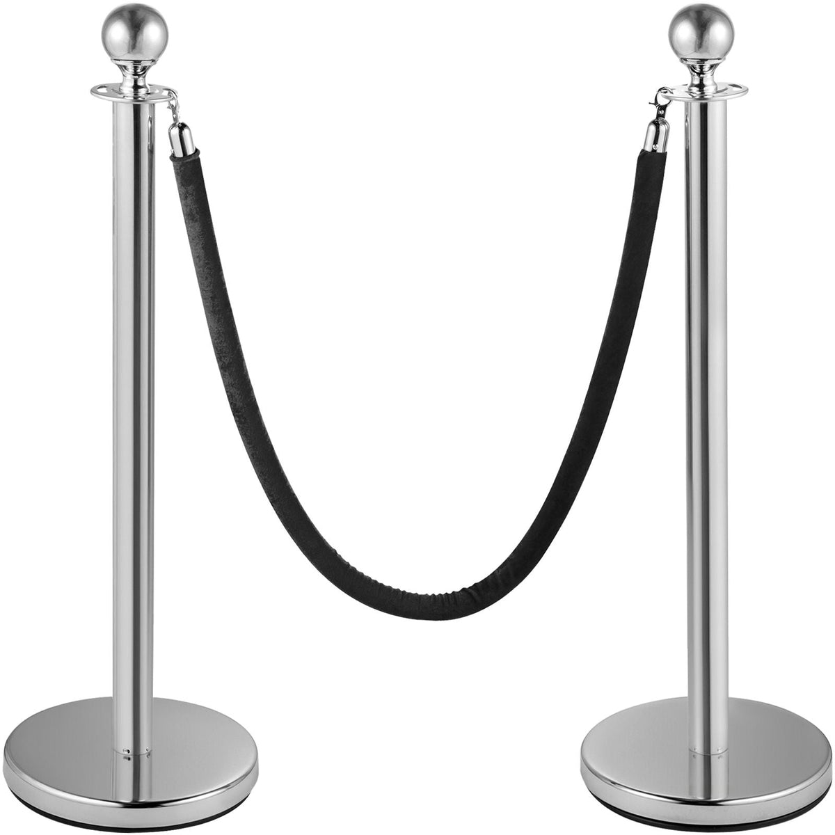 Crowd Control Stanchion, Set of 2 Pieces Stanchion, Stanchion Set with 5 ft/1.5 m Black Velvet Rope, Silver Crowd Control Barrier with Sturdy Concrete and Metal Base – Easy Connect Assembly