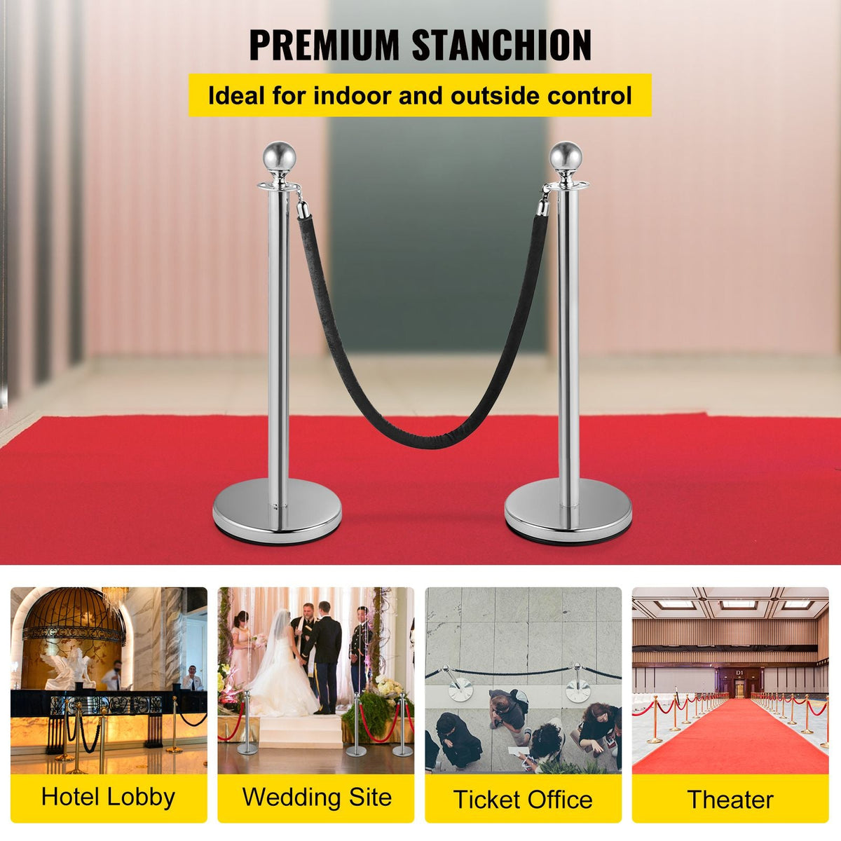 Crowd Control Stanchion, Set of 2 Pieces Stanchion, Stanchion Set with 5 ft/1.5 m Black Velvet Rope, Silver Crowd Control Barrier with Sturdy Concrete and Metal Base – Easy Connect Assembly