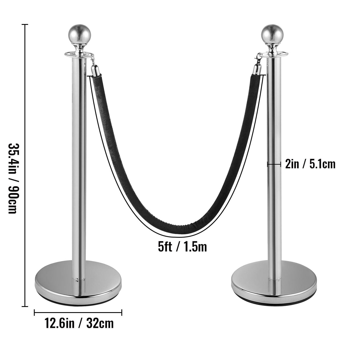 Crowd Control Stanchion, Set of 2 Pieces Stanchion, Stanchion Set with 5 ft/1.5 m Black Velvet Rope, Silver Crowd Control Barrier with Sturdy Concrete and Metal Base – Easy Connect Assembly