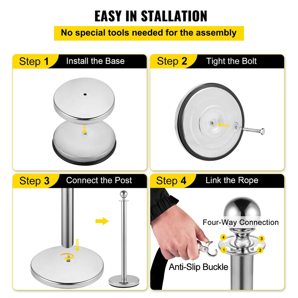 Crowd Control Stanchion, Set of 2 Pieces Stanchion, Stanchion Set with 5 ft/1.5 m Black Velvet Rope, Silver Crowd Control Barrier with Sturdy Concrete and Metal Base – Easy Connect Assembly
