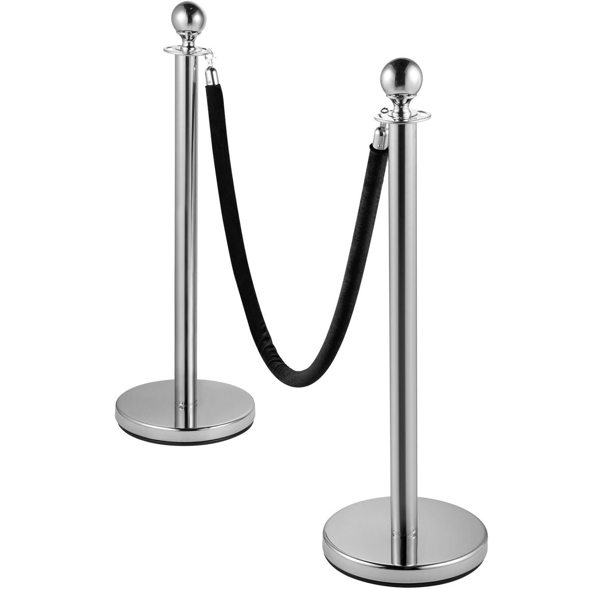 Crowd Control Stanchion, Set of 2 Pieces Stanchion, Stanchion Set with 5 ft/1.5 m Black Velvet Rope, Silver Crowd Control Barrier with Sturdy Concrete and Metal Base – Easy Connect Assembly