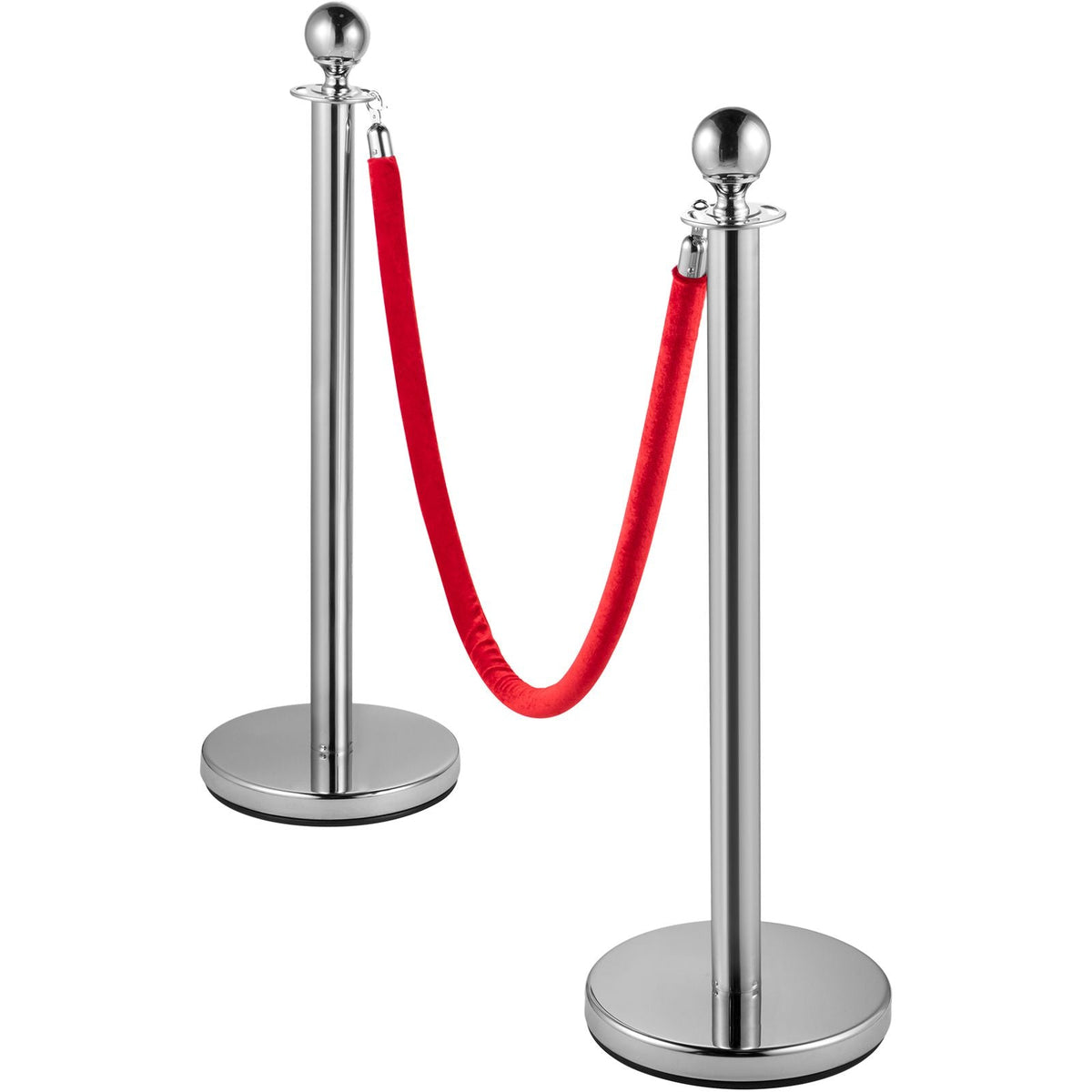 Crowd Control Stanchion, Set of 4 Pieces Silver Stanchion Set, Stanchion Set with 5 ft/1.5 m Red Velvet Rope, Crowd Control Barrier