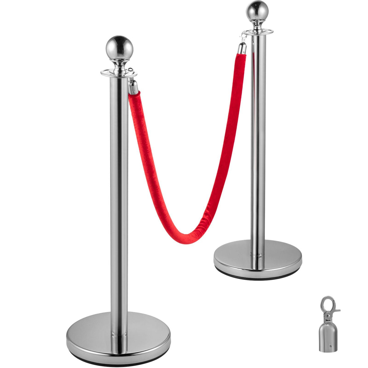 Crowd Control Stanchion, Set of 4 Pieces Silver Stanchion Set, Stanchion Set with 5 ft/1.5 m Red Velvet Rope, Crowd Control Barrier