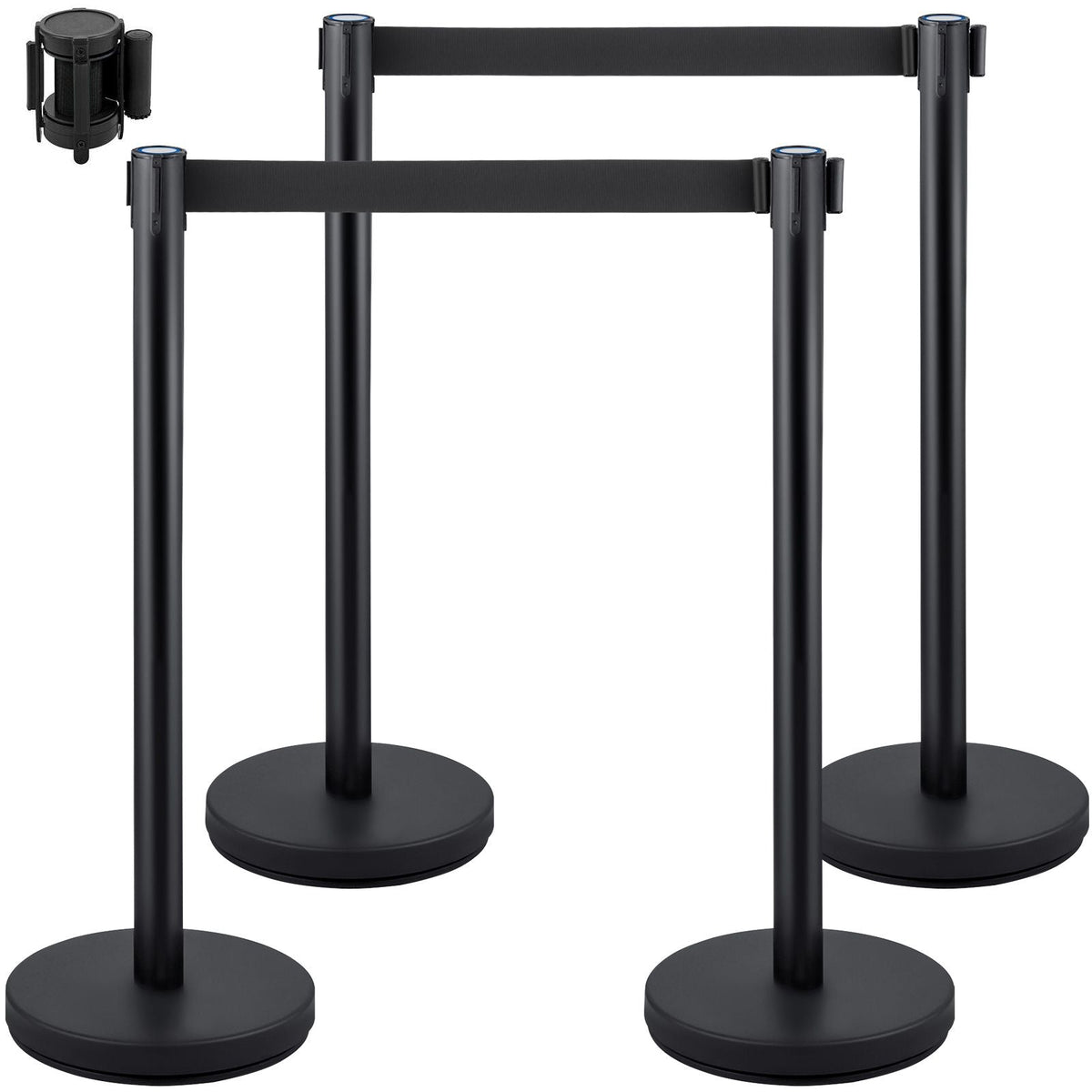 Crowd Control Stanchion, Set of 4 Pieces Stanchion Set, Stanchion Set with 6.6 ft/2 m Black Retractable Belt, Black Crowd Control Barrier with Concrete and Metal Base – Easy Connect Assembly