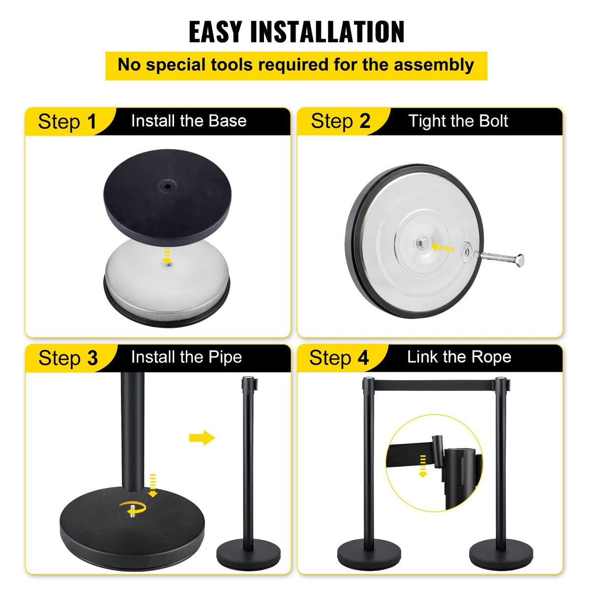 Crowd Control Stanchion, Set of 4 Pieces Stanchion Set, Stanchion Set with 6.6 ft/2 m Black Retractable Belt, Black Crowd Control Barrier with Concrete and Metal Base – Easy Connect Assembly