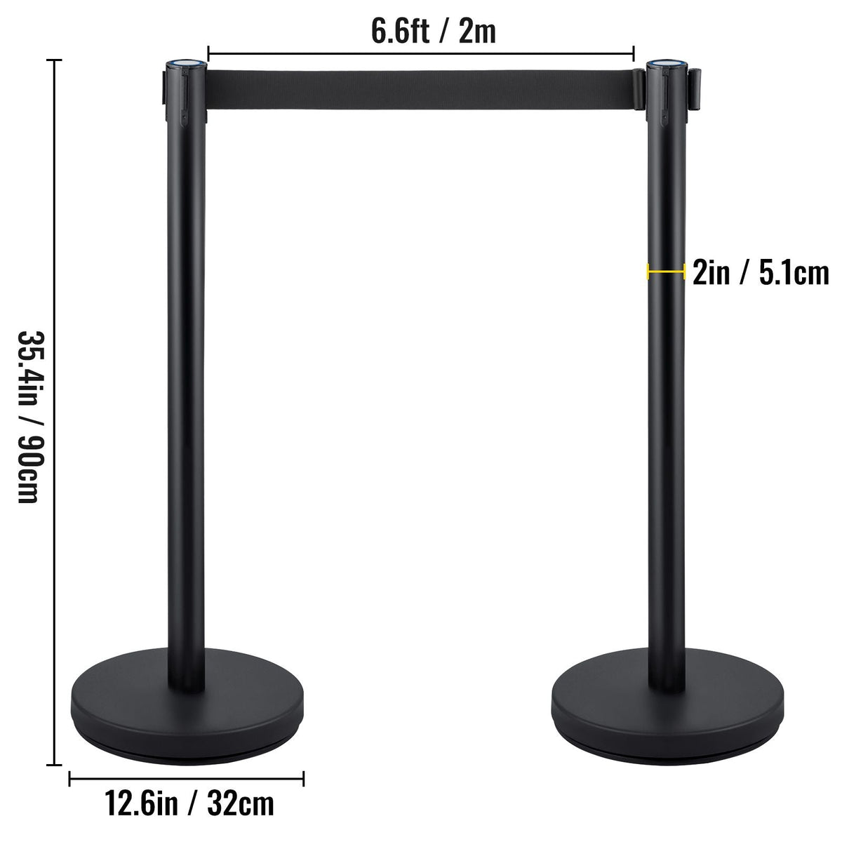 Crowd Control Stanchion, Set of 4 Pieces Stanchion Set, Stanchion Set with 6.6 ft/2 m Black Retractable Belt, Black Crowd Control Barrier with Concrete and Metal Base – Easy Connect Assembly