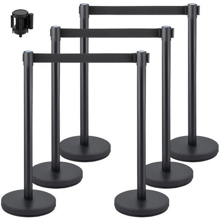 Crowd Control Stanchion, Set of 6 Pieces Stanchion Set, Stanchion Set with 6.6 ft/2 m Black Retractable Belt, Black Crowd Control Barrier with Concrete and Metal Base - Easy Connect Assembly