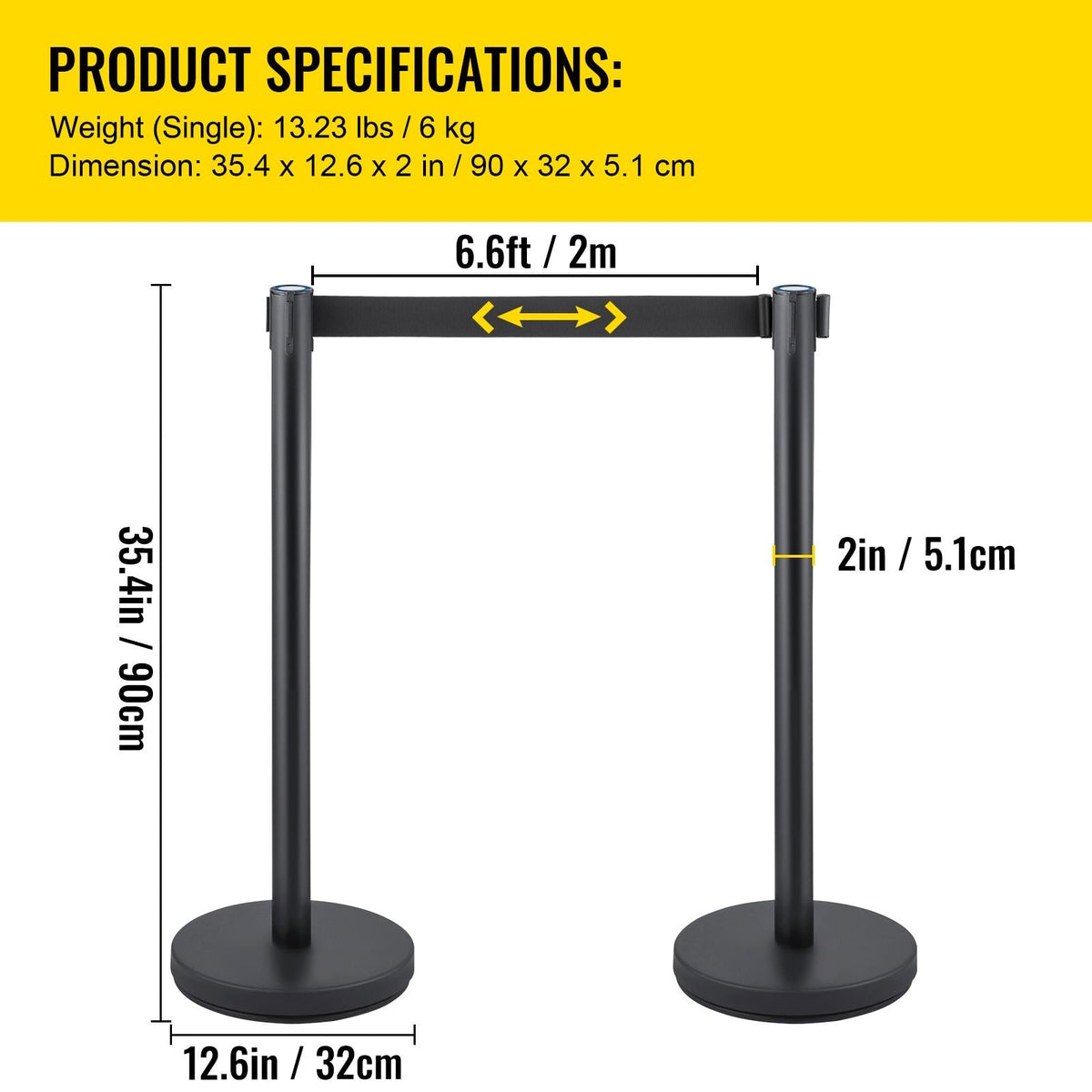 Crowd Control Stanchion, Set of 6 Pieces Stanchion Set, Stanchion Set with 6.6 ft/2 m Black Retractable Belt, Black Crowd Control Barrier with Concrete and Metal Base - Easy Connect Assembly