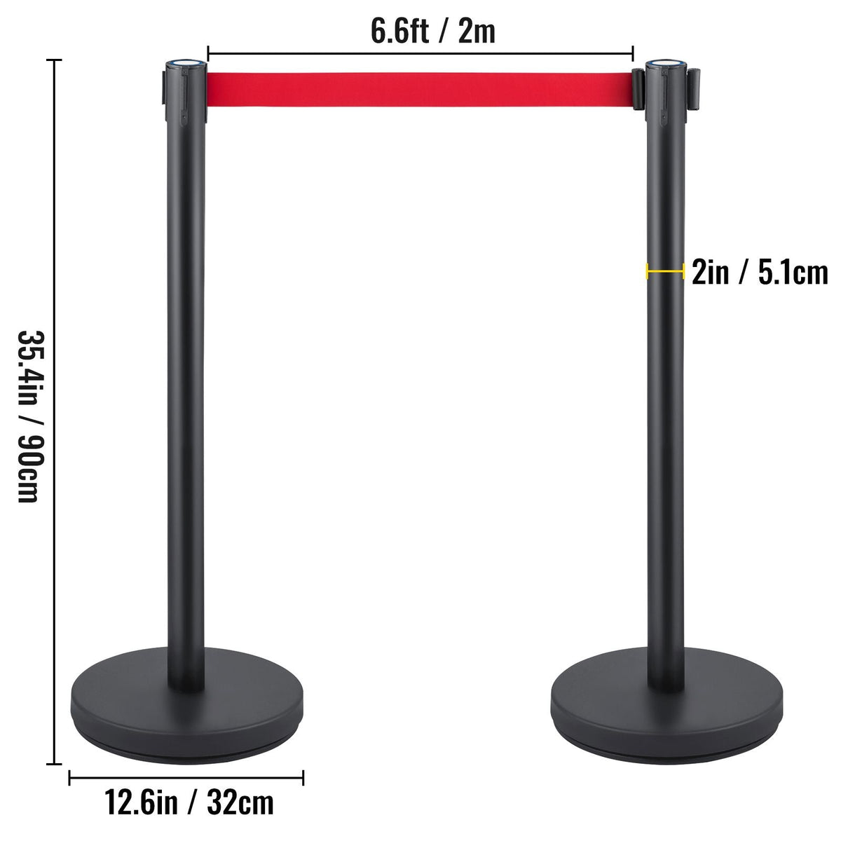 Crowd Control Stanchion, Set of 6 Pieces Stanchion Set, Stanchion Set with 6.6 ft/2 m Red Retractable Belt, Crowd Control Barrier with Rubber Base – Easy Connect Assembly for Crowd Control (Blac