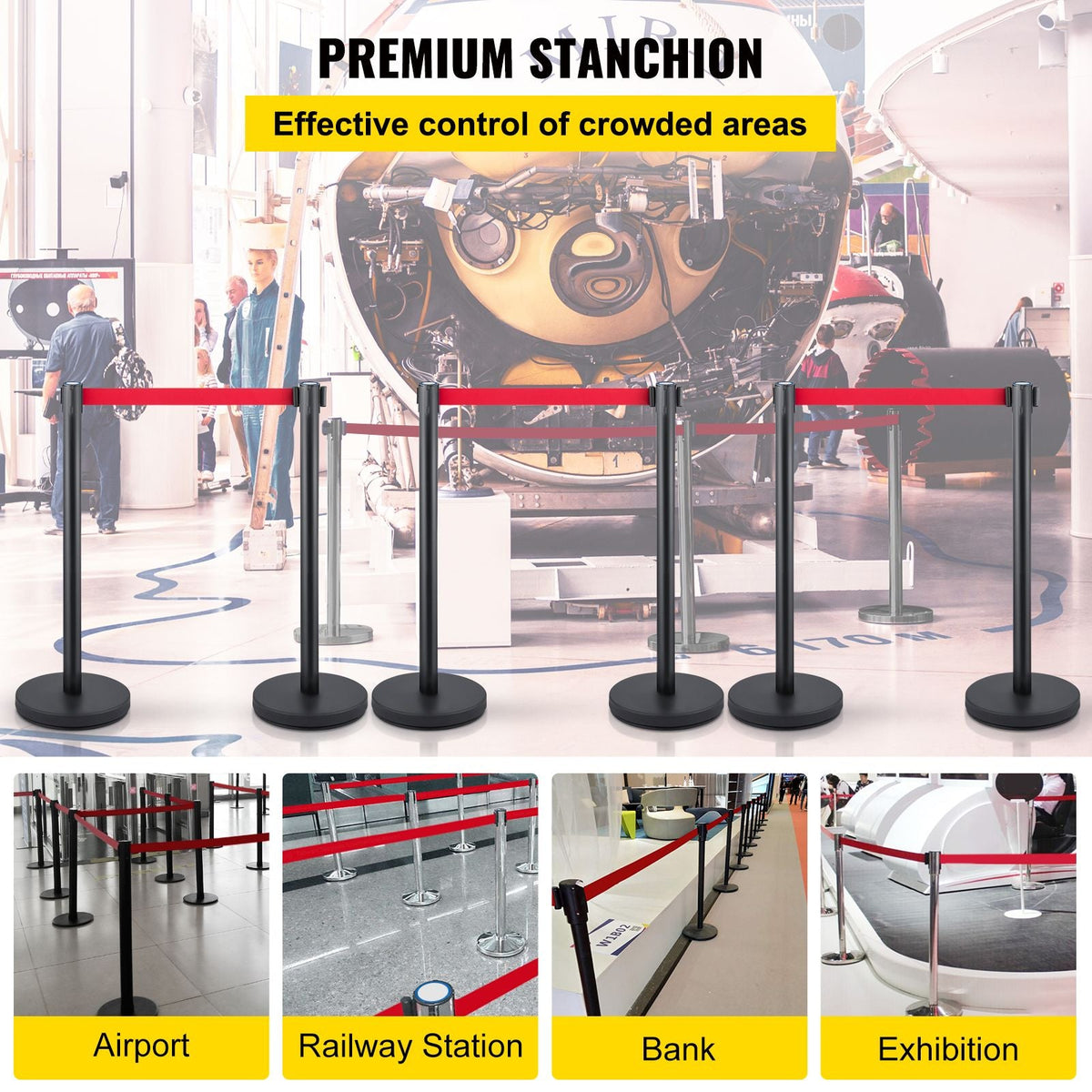Crowd Control Stanchion, Set of 6 Pieces Stanchion Set, Stanchion Set with 6.6 ft/2 m Red Retractable Belt, Crowd Control Barrier with Rubber Base – Easy Connect Assembly for Crowd Control (Blac