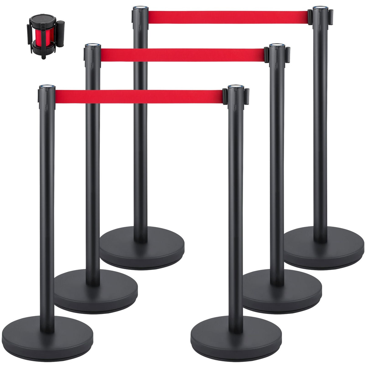 Crowd Control Stanchion, Set of 6 Pieces Stanchion Set, Stanchion Set with 6.6 ft/2 m Red Retractable Belt, Crowd Control Barrier with Rubber Base – Easy Connect Assembly for Crowd Control (Blac