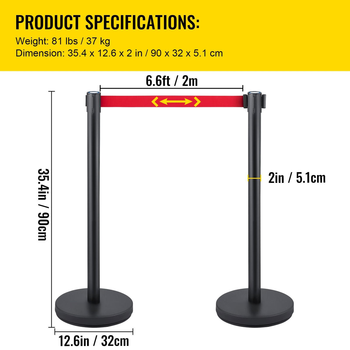 Crowd Control Stanchion, Set of 6 Pieces Stanchion Set, Stanchion Set with 6.6 ft/2 m Red Retractable Belt, Crowd Control Barrier with Rubber Base – Easy Connect Assembly for Crowd Control (Blac