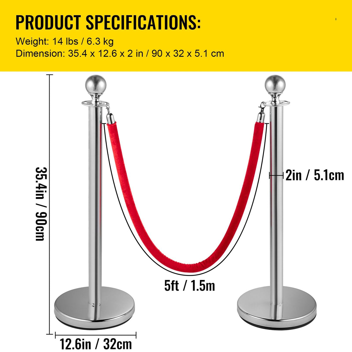 Crowd Control Stanchion, Set of 8 Pieces Silver Stanchion Set, Stanchion Set with 5 ft/1.5 m Red Velvet Rope, Crowd Control Barrier with Sturdy Concrete and Metal Base