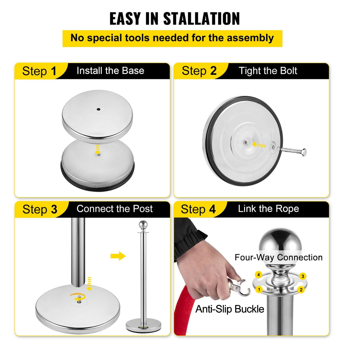 Crowd Control Stanchion, Set of 8 Pieces Silver Stanchion Set, Stanchion Set with 5 ft/1.5 m Red Velvet Rope, Crowd Control Barrier with Sturdy Concrete and Metal Base
