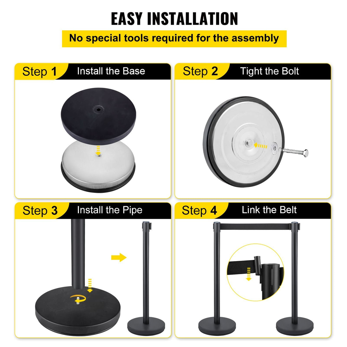Crowd Control Stanchion, Set of 8 Pieces Stanchion Set, Stanchion Set with 6.6 ft/2 m Black Retractable Belt, Black Crowd Control Barrier with Concrete and Metal Base – Easy Connect Assembly