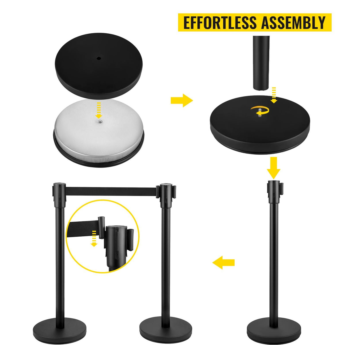 Crowd Control Stanchion, Set of 8 Pieces Stanchion Set, Stanchion Set with 6.6 ft/2 m Black Retractable Belt, Black Crowd Control Barrier with Concrete and Metal Base – Easy Connect Assembly