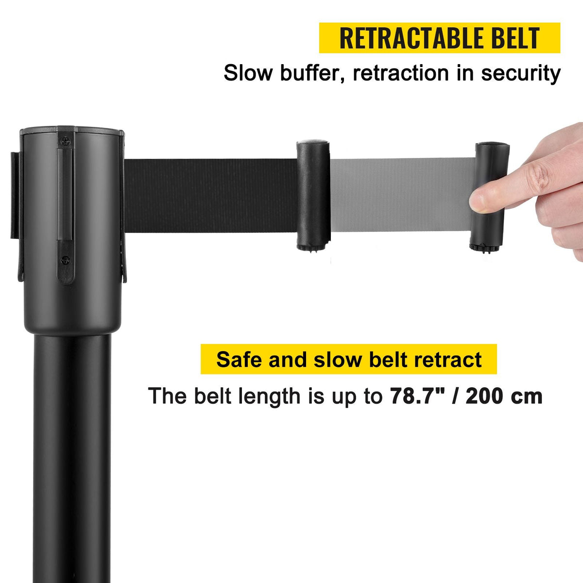 Crowd Control Stanchion, Set of 8 Pieces Stanchion Set, Stanchion Set with 6.6 ft/2 m Black Retractable Belt, Black Crowd Control Barrier with Concrete and Metal Base – Easy Connect Assembly