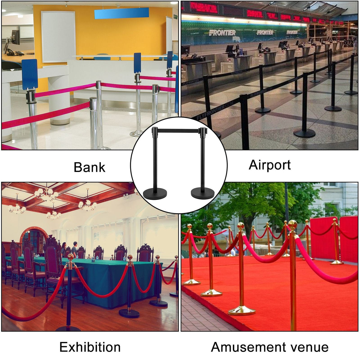 Crowd Control Stanchion, Set of 8 Pieces Stanchion Set, Stanchion Set with 6.6 ft/2 m Black Retractable Belt, Black Crowd Control Barrier with Concrete and Metal Base – Easy Connect Assembly