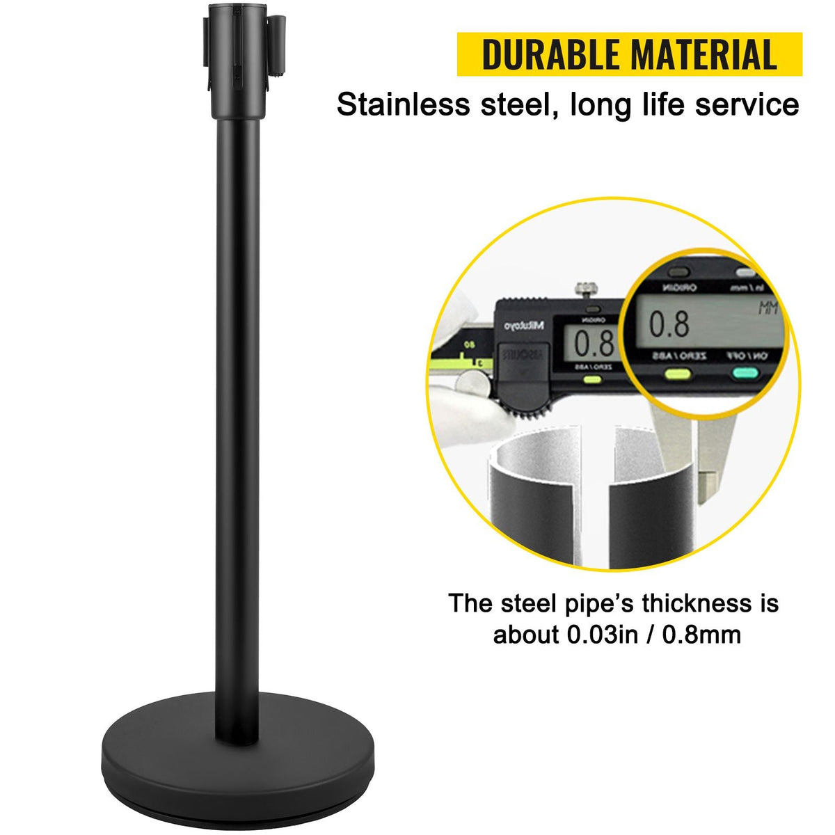 Crowd Control Stanchion, Set of 8 Pieces Stanchion Set, Stanchion Set with 6.6 ft/2 m Black Retractable Belt, Black Crowd Control Barrier with Concrete and Metal Base – Easy Connect Assembly