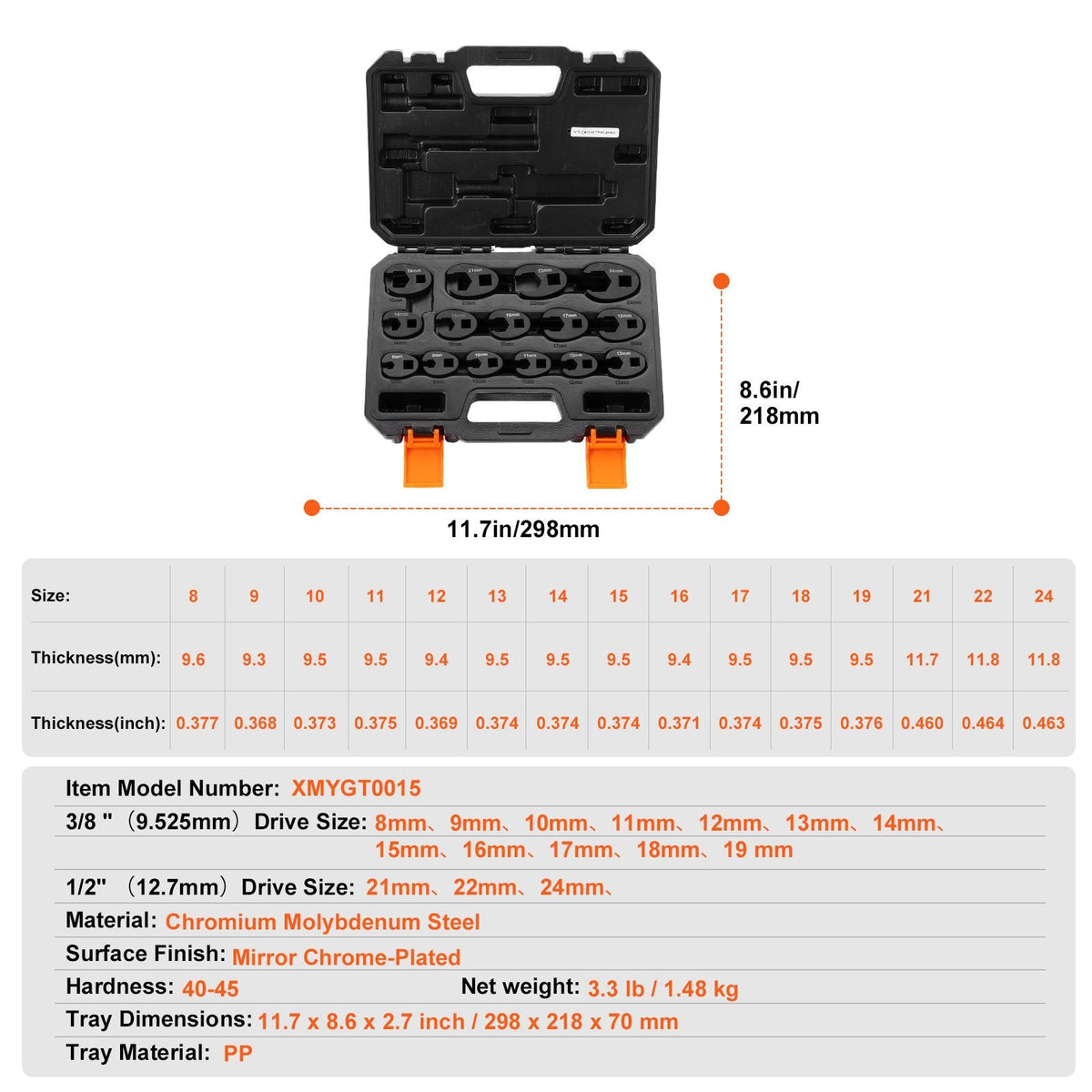 Crowfoot Wrench Set, 1/2" and 3/8" Drive 15-Piece Crows Foot Wrench Set with PP Storage Case, Metric 8-24 mm, CRMO Steel and Manganese Phosphate Finish, for Mechanical Maintenance or Repairs