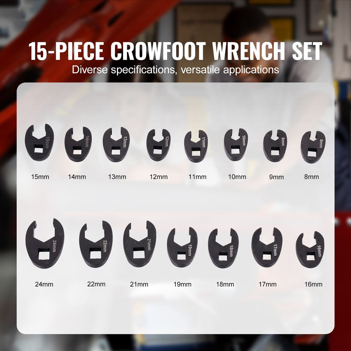 Crowfoot Wrench Set, 1/2" and 3/8" Drive 15-Piece Crows Foot Wrench Set with PP Storage Case, Metric 8-24 mm, CRMO Steel and Manganese Phosphate Finish, for Mechanical Maintenance or Repairs