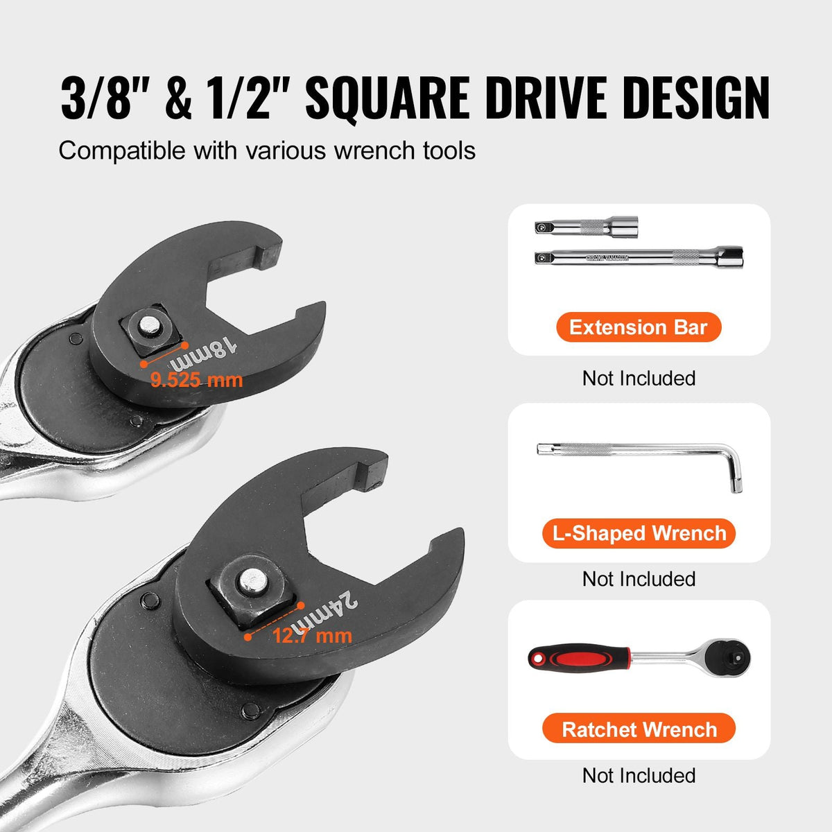 Crowfoot Wrench Set, 1/2" and 3/8" Drive 15-Piece Crows Foot Wrench Set with PP Storage Case, Metric 8-24 mm, CRMO Steel and Manganese Phosphate Finish, for Mechanical Maintenance or Repairs