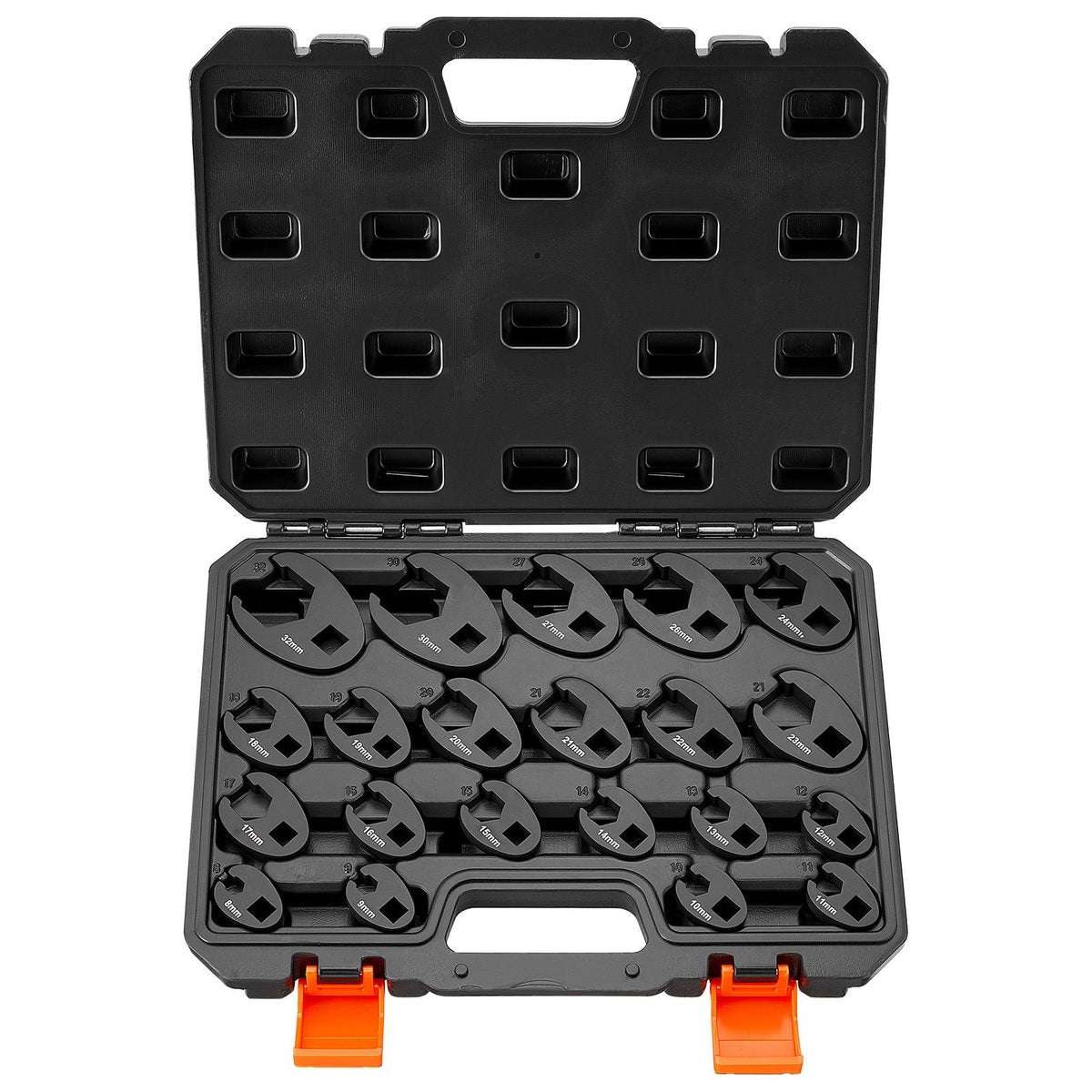 Crowfoot Wrench Set, 1/2" and 3/8" Drive, 21-Piece Metric Dual-Drive Flare Nut Crows Foot Wrenches, with Storage Case, Dual Size Markings on Tools and Case, for Maintenance