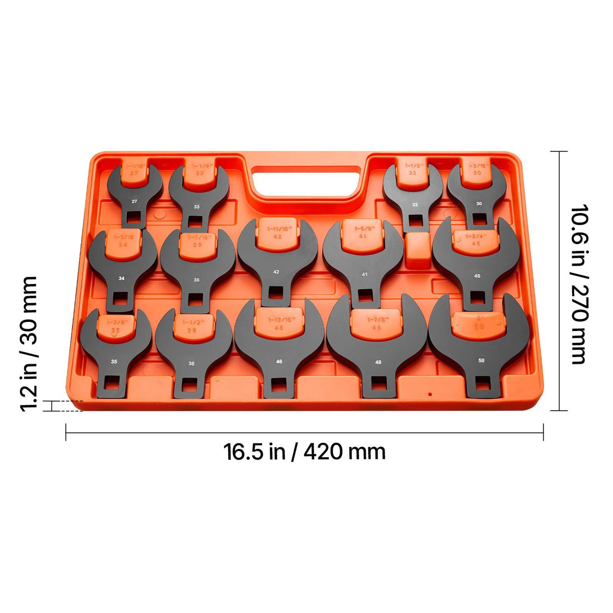 Crowfoot Wrench Set, 1/2" Drive, 14-Piece Metric 27 to 50 mm Crows Foot Wrenches, with Storage Tray, Dual Size Markings on Tools and Tray, for Auto Maintenance or Repairs