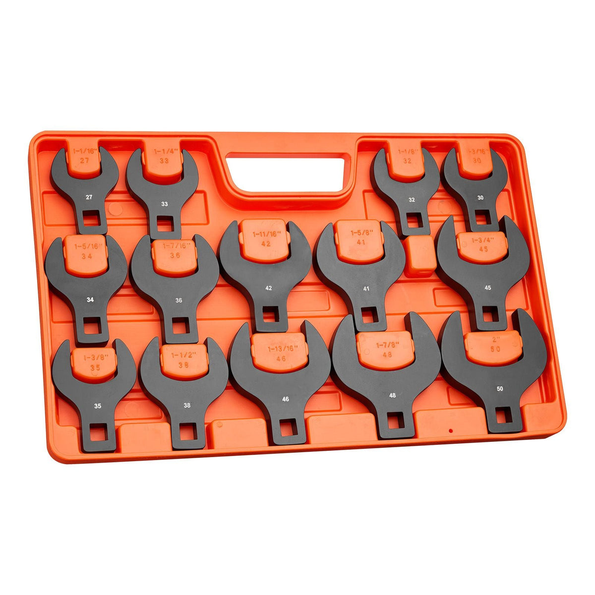 Crowfoot Wrench Set, 1/2" Drive, 14-Piece Metric 27 to 50 mm Crows Foot Wrenches, with Storage Tray, Dual Size Markings on Tools and Tray, for Auto Maintenance or Repairs