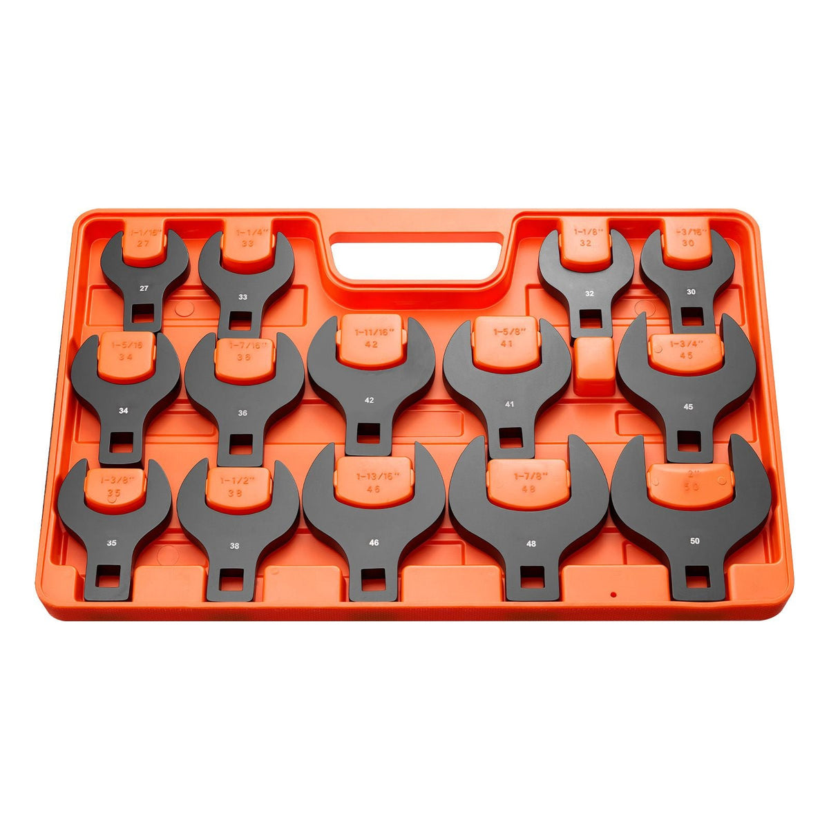 Crowfoot Wrench Set, 1/2" Drive, 14-Piece Metric 27 to 50 mm Crows Foot Wrenches, with Storage Tray, Dual Size Markings on Tools and Tray, for Auto Maintenance or Repairs